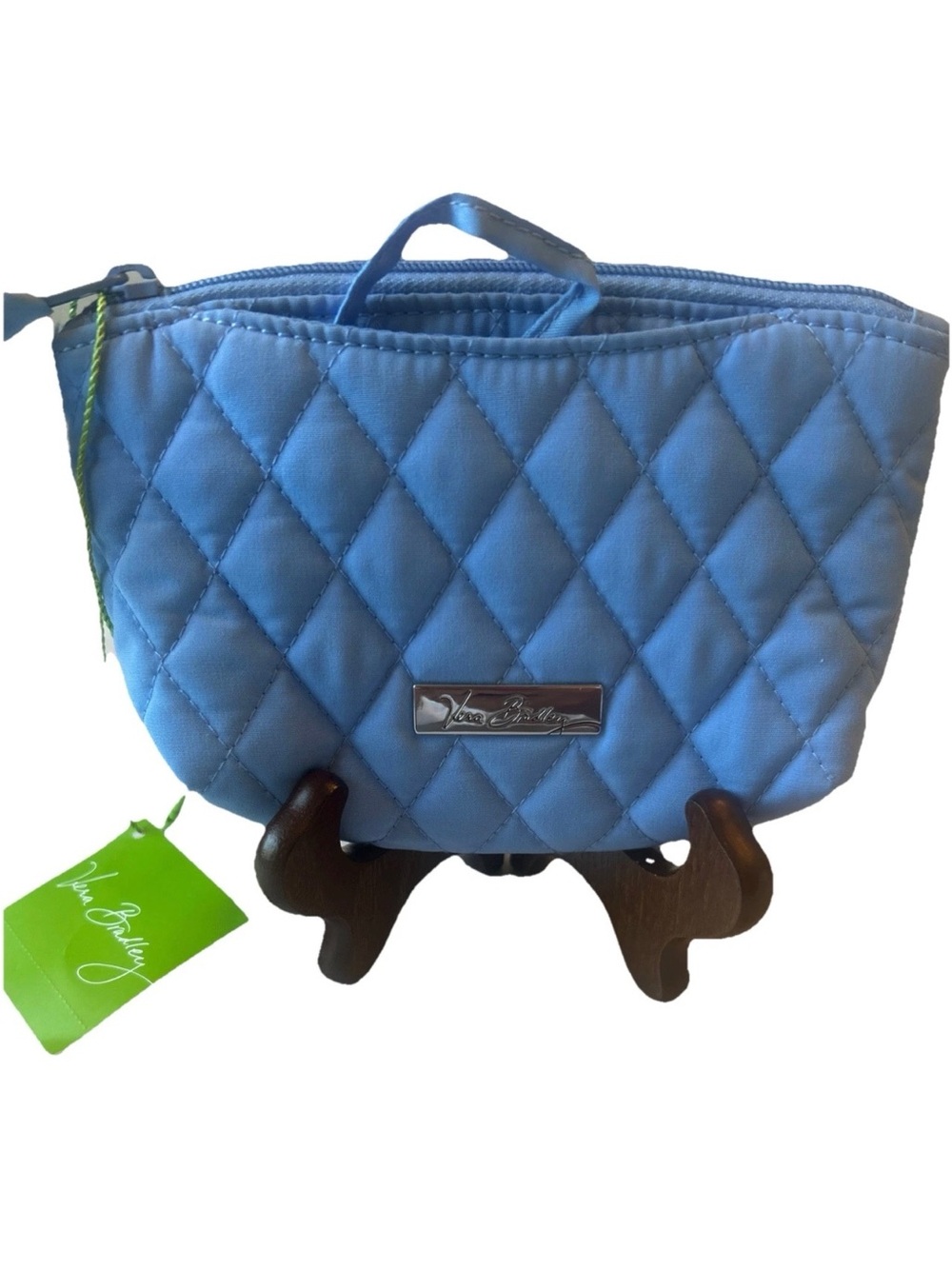 Vera Bradley Compact Travel Cosmetic Bag with Small Mirror Light Blue Quilted
